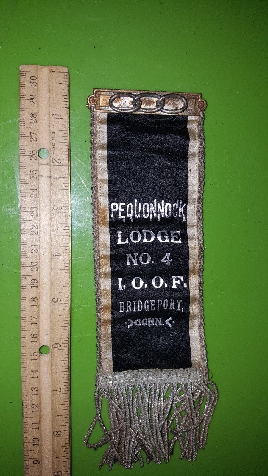  OLD IOOF ODD FELLOWS LONG PINBACK RIBBON PEQUONOCK LODGE BRIDGEPORT CONNECTICUT