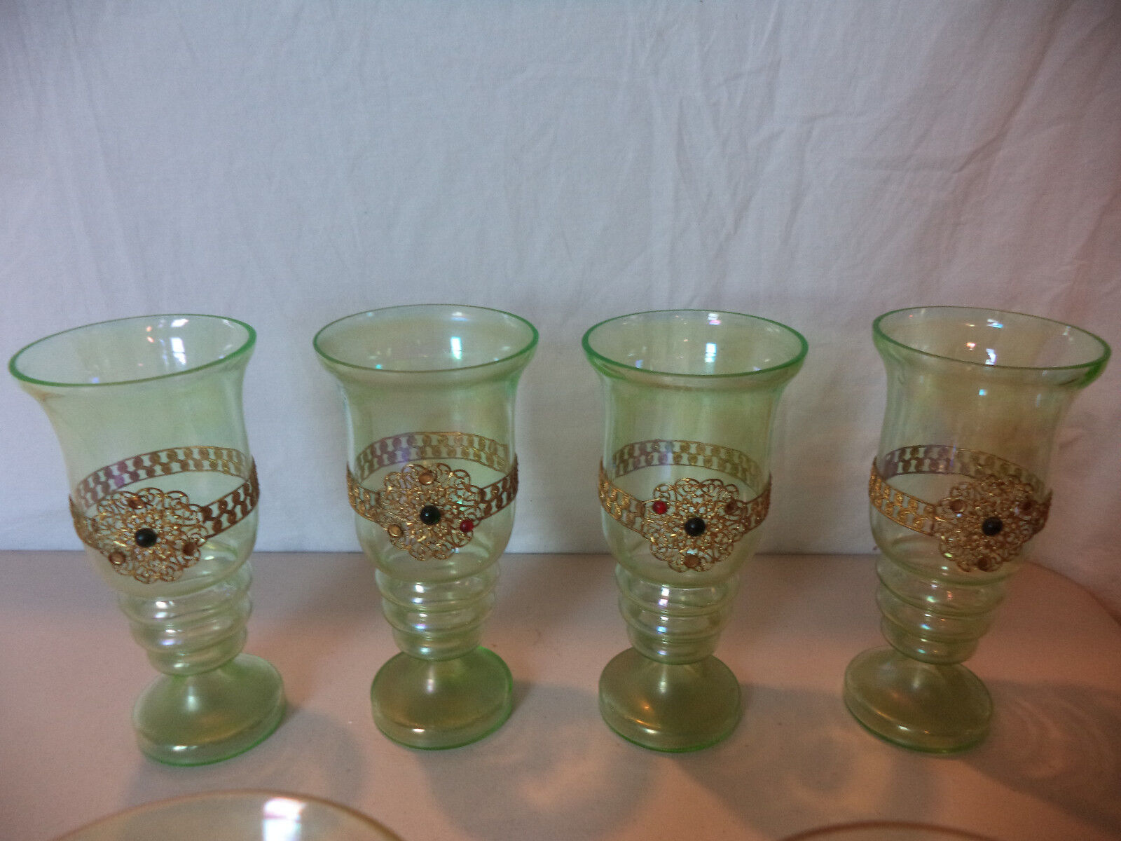 4 Antique Bohemian Czech Moser Iridescent Art Glass Jeweled Ormolu Goblets