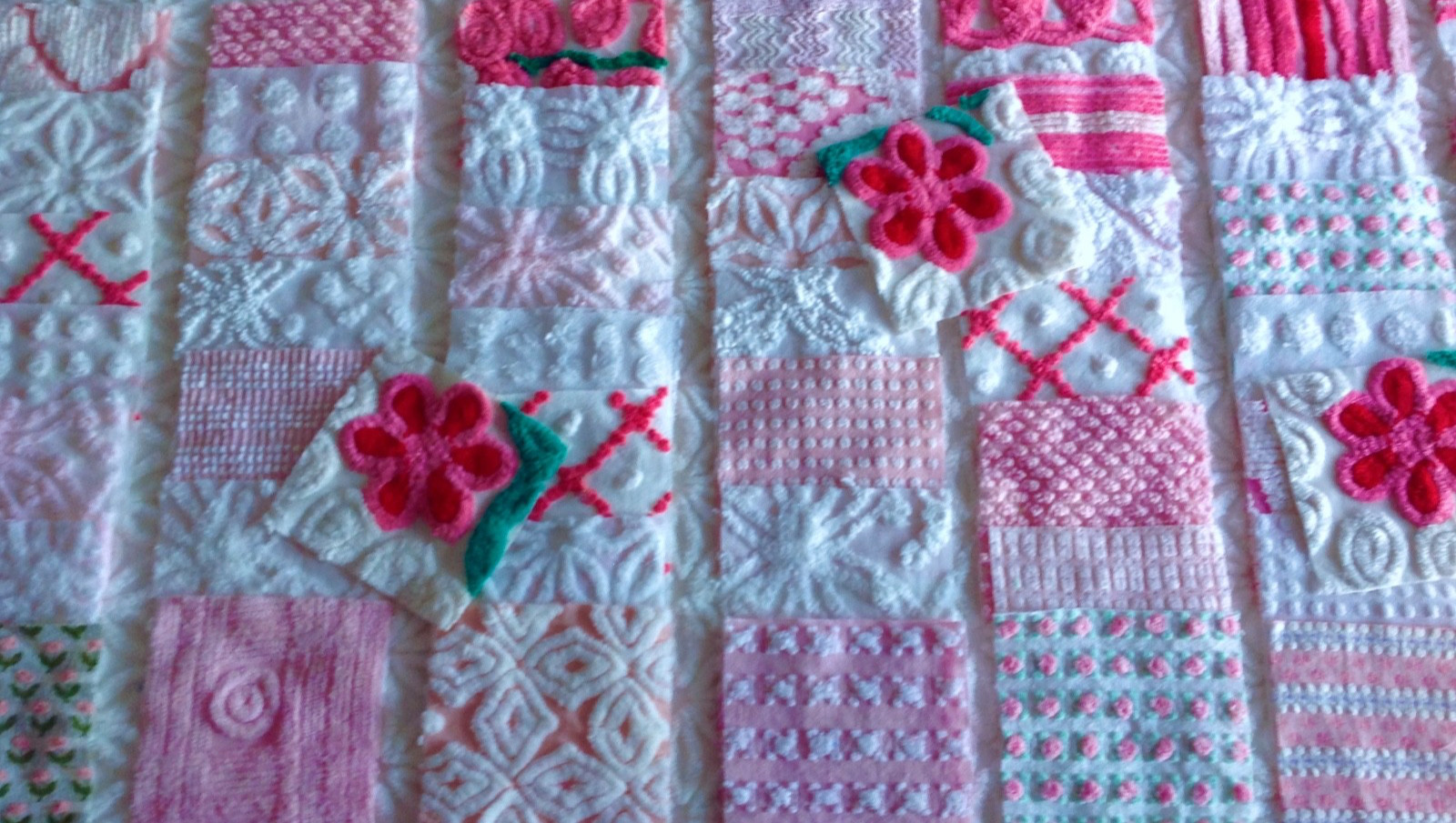 VINTAGE CHENILLE  FABRIC SQUARES  150  PINK & WHITE  RESERVED FOR SHERYL