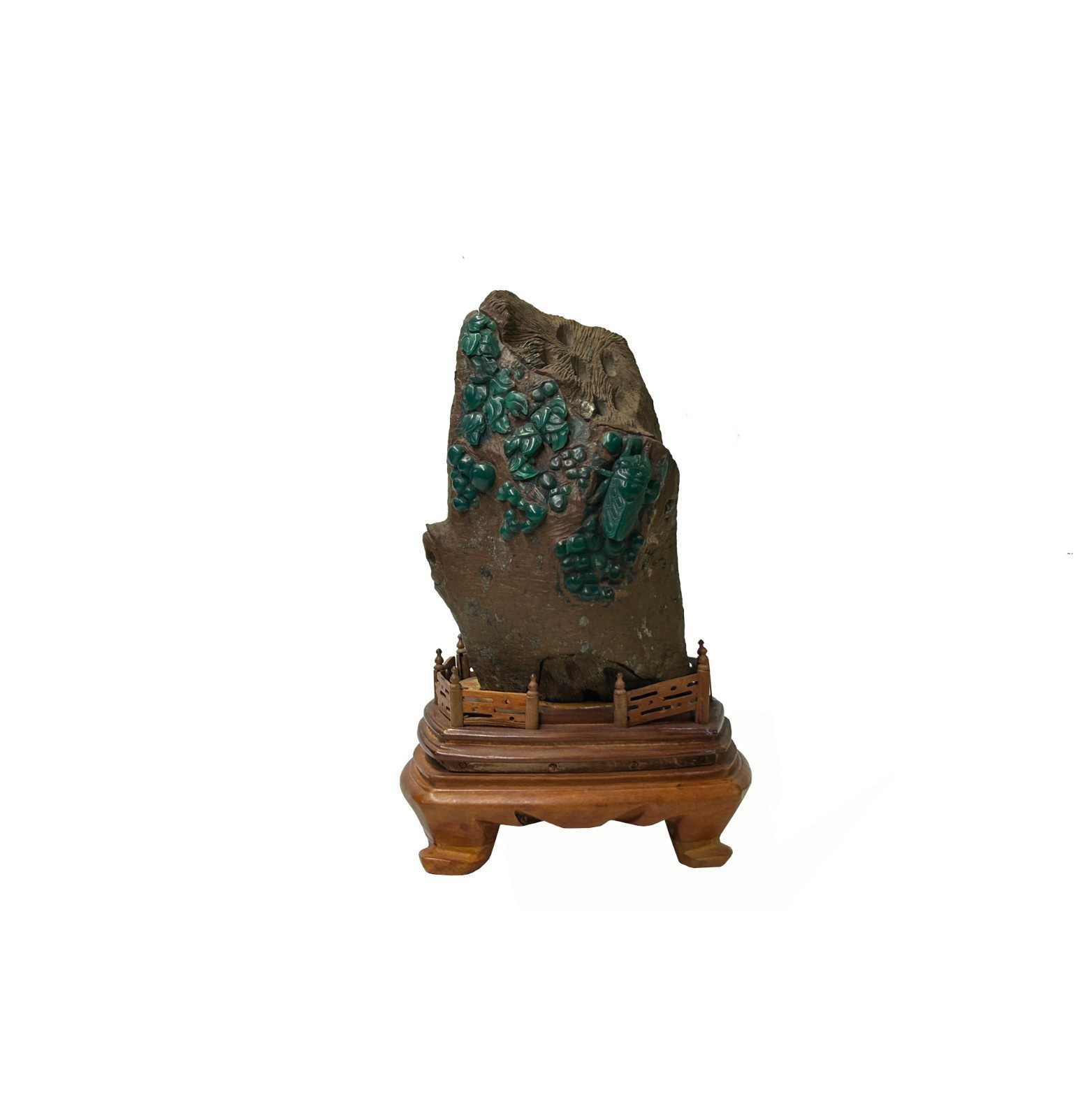 Vintage Naturalistic Scholar Rock Sculpture Dark Green Stone Cicada Accent GB898