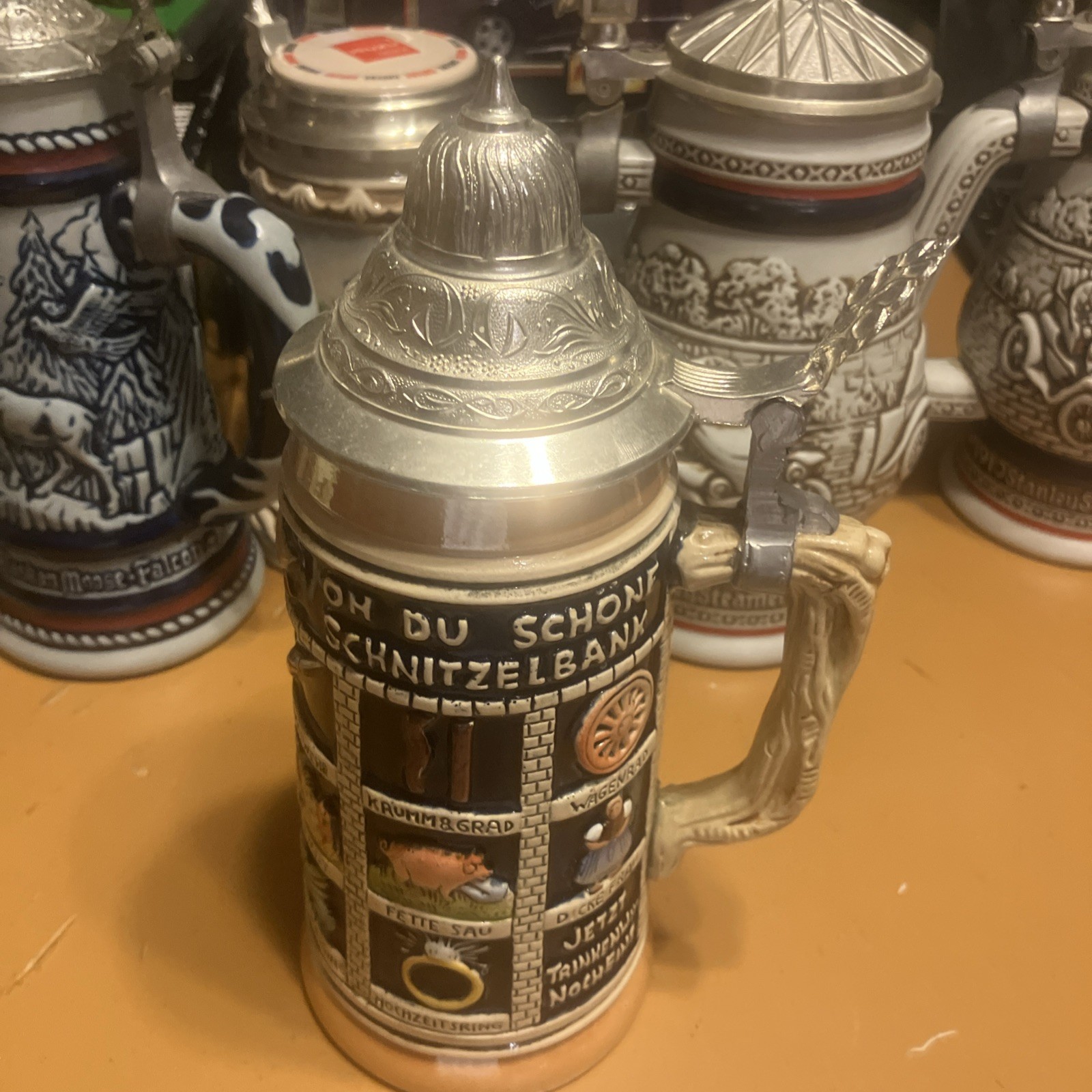 Original Thewalt German Beer Stein 9” Schnitzelbank, with Pewter Lid