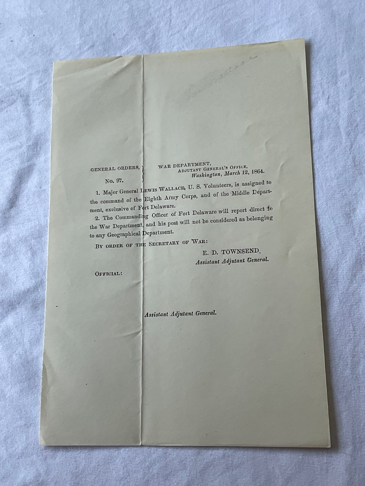 CIVIL WAR GENERAL LEW WALLACE COMMAND ORDER FORT DELAWARE 1864 BY SEC OF WAR
