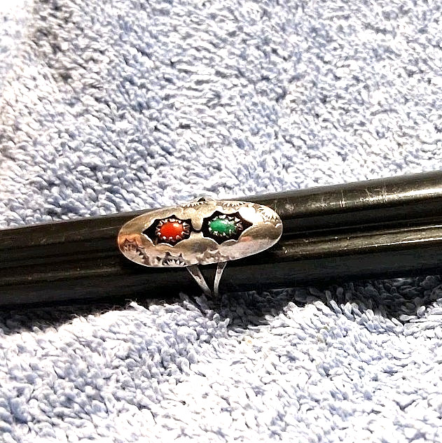Turquoise Coral Sterling Silver Ring Vintage Navajo Petit Point Shadowbox 925