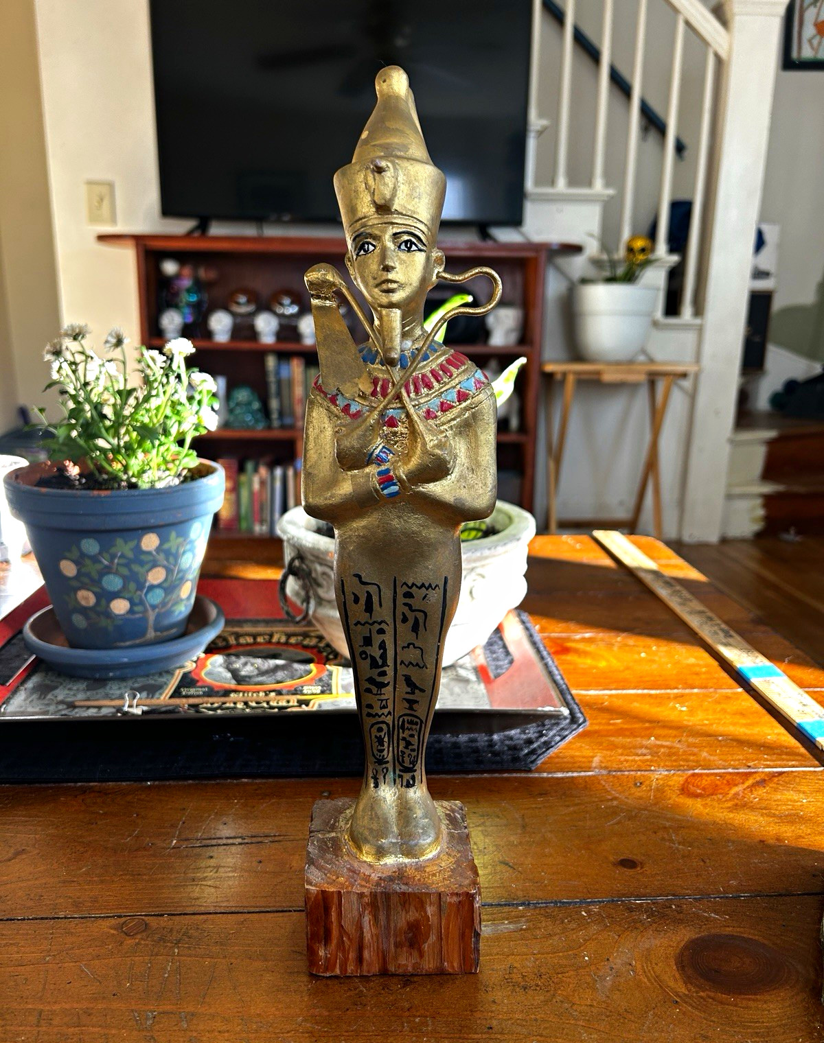 King Tut Egyptian Pharaoh Metal Figurine Painted Collar Hieroglyphs Wood Base