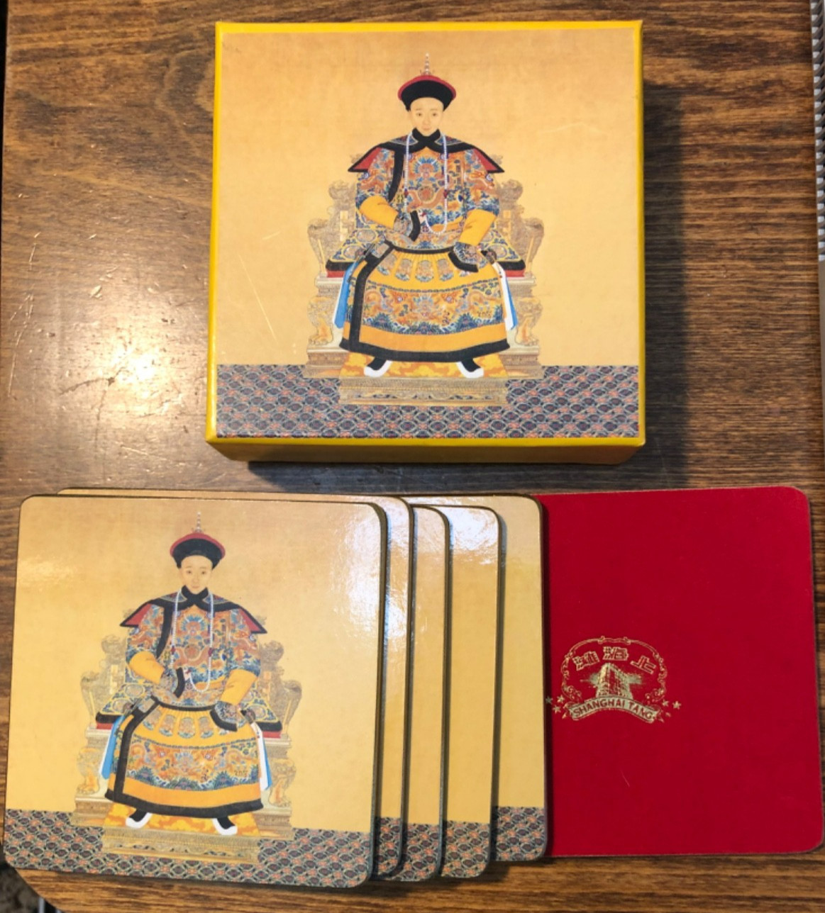 Shanghai Tang Yellow Gold Coasters Imperial Emperor Throne Box Set Six Felt Back