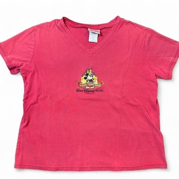 Y2K Disney World Mickey Embroidered Red V Neck Tee XL