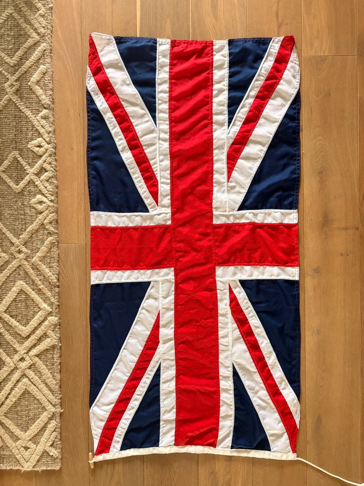 Vintage Union Jack Flag 54 x 28 Sewn Panels Sleeve Wood Toggle Rope From England