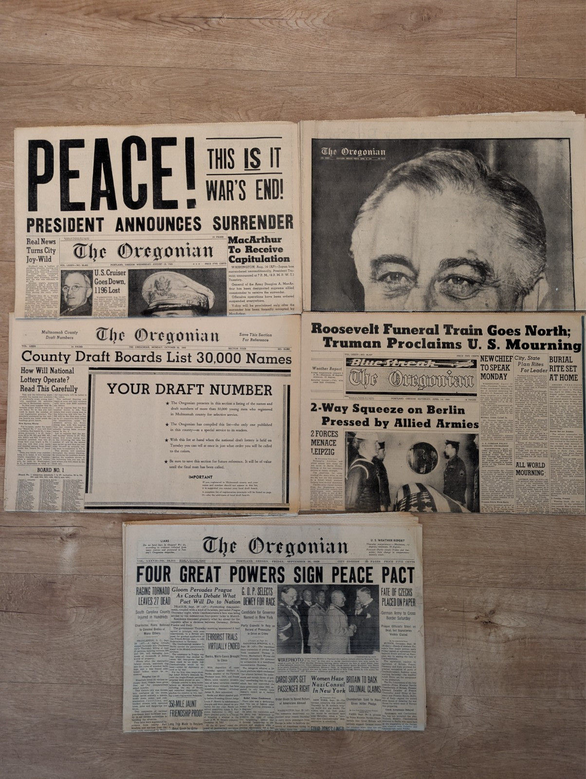 Vtg 1938-1945 The Oregonian Newspaper Lot of 5 WWII Peace Ends FDR Dead Draft