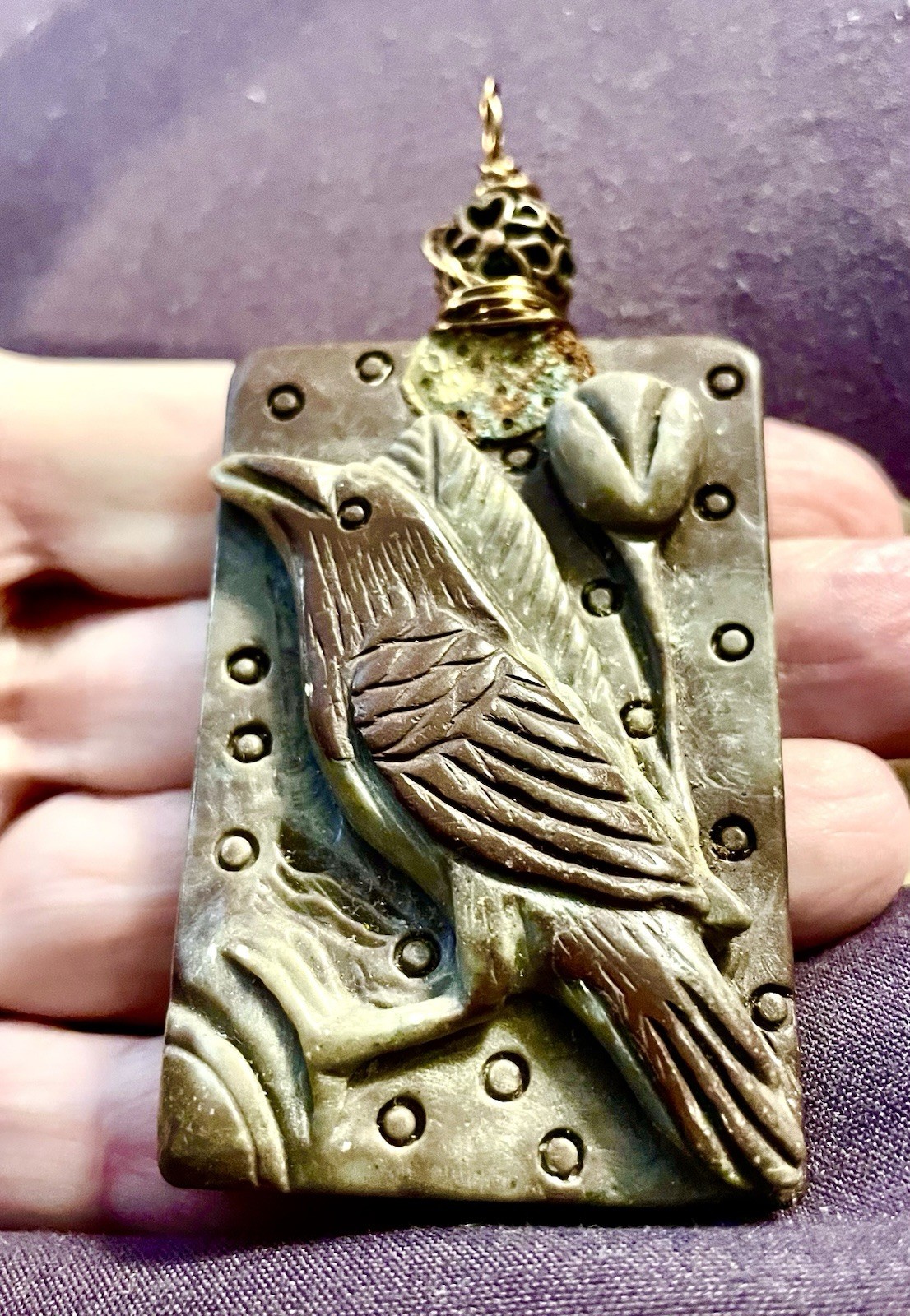 Carved Crow Stone Pendant 3D. Leaf & Tulip, Copper Bale Birds Are Popular Again