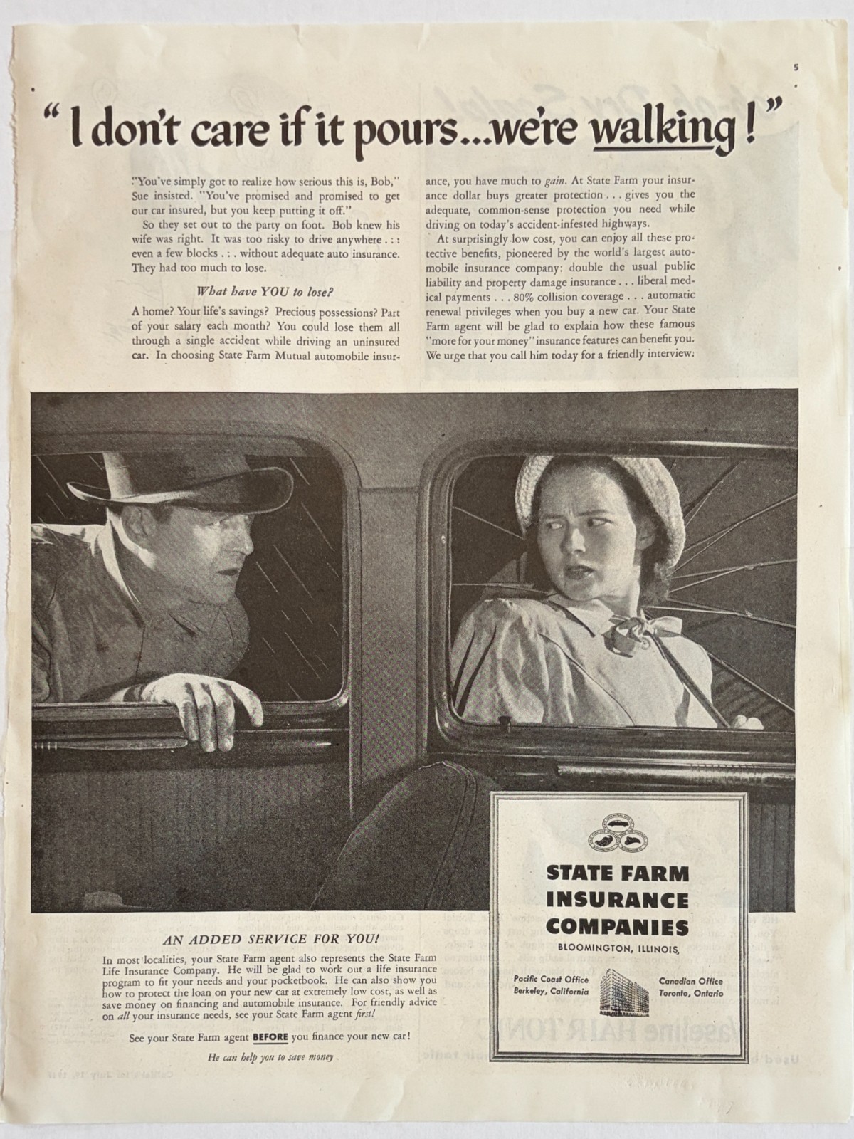 1947 Collier’s Magazine State Farm Advertising Print Vintage Car Couple 10.5x14