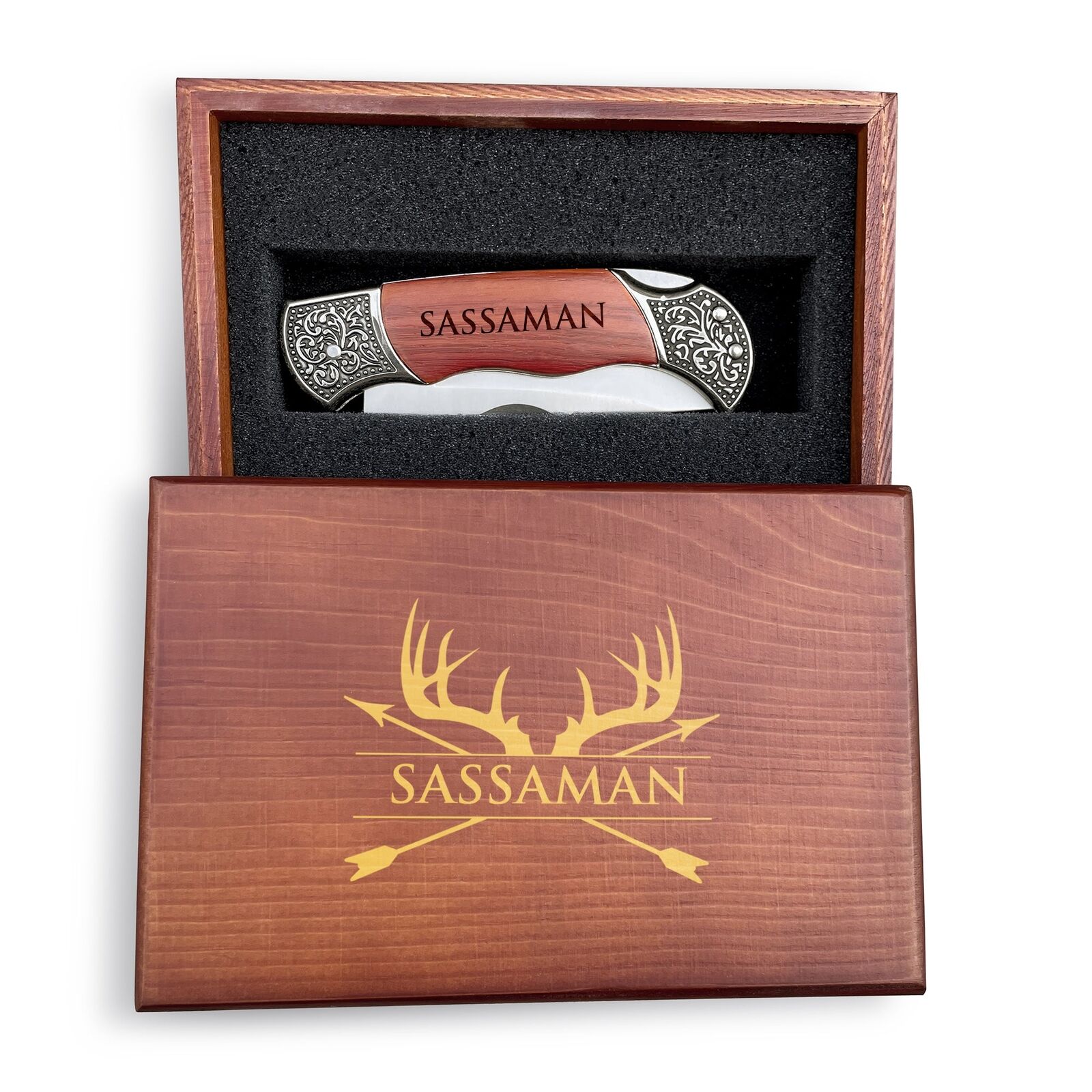 Customized Engraved Pocket Knife and Wood Box, Personalized Pocket Knife, Rose W