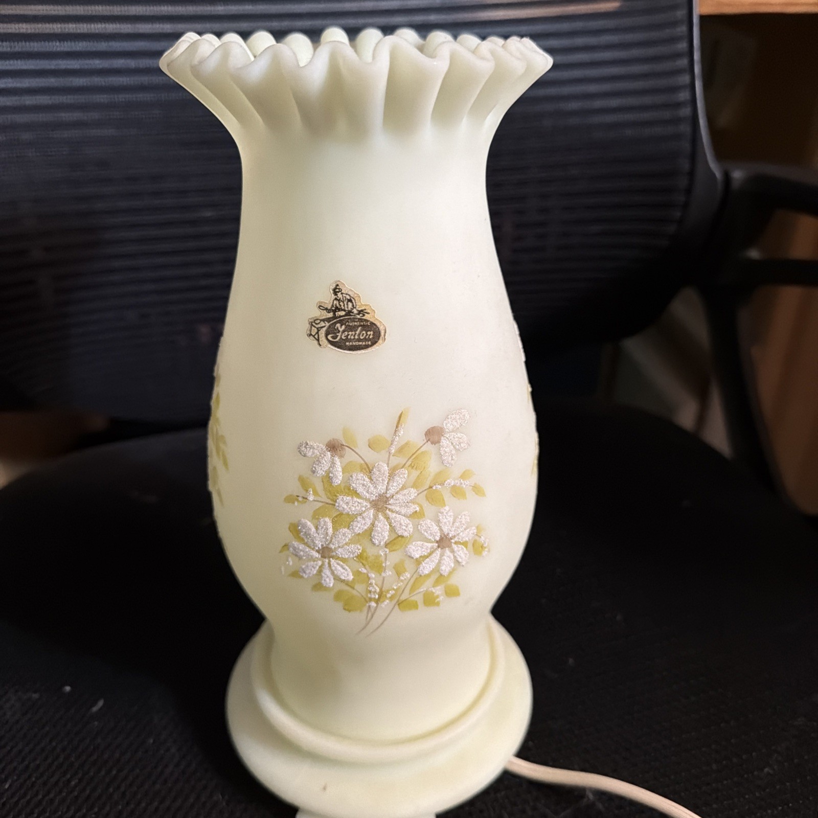 Fenton 10.5 Daisies On Custard Hand Painted Hurricane Lamp Works and Glows UV Fenton 10.5 Daisies On Custard Hand Painted Hurricane Lamp Works and Glows UV