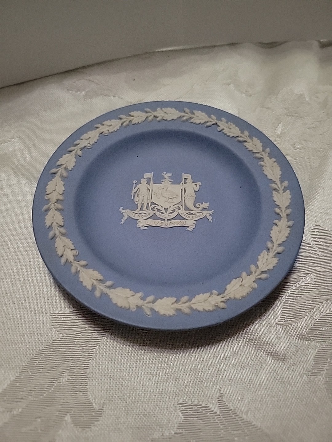 Liverpool England Coat Of Arms Wedgewood Blue Jasperware Trinket Dish Vintage 4\