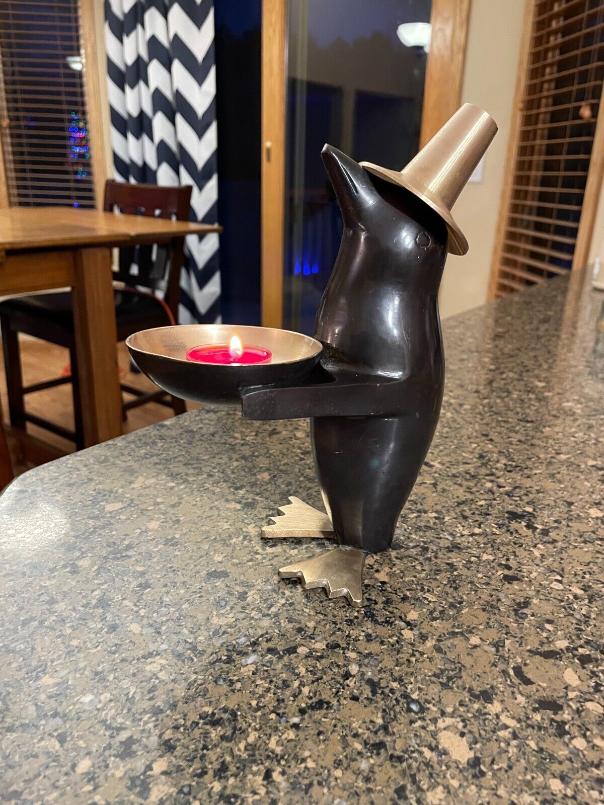 Metal Penguin Holding A Small Bowl Figurine