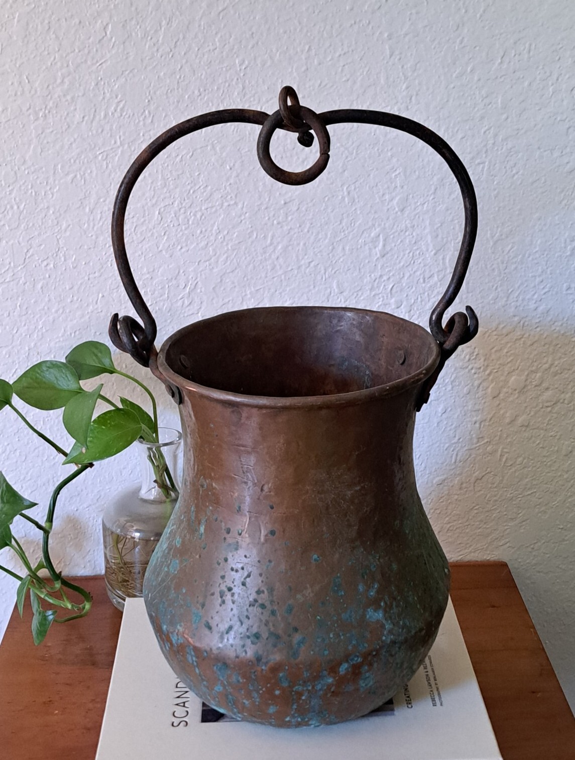 Antique Hand Hammered Copper Cauldron Bucket Wrought Iron Bail Handle 10