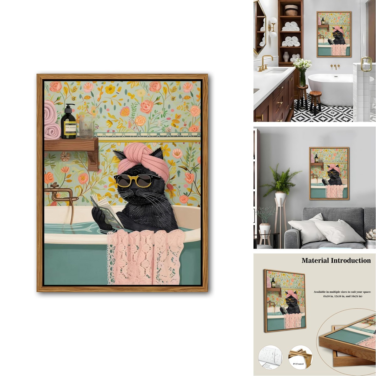 Yaneiro Framed Cat Canvas Wall Art, Black Cat Reading, 16x24 inch