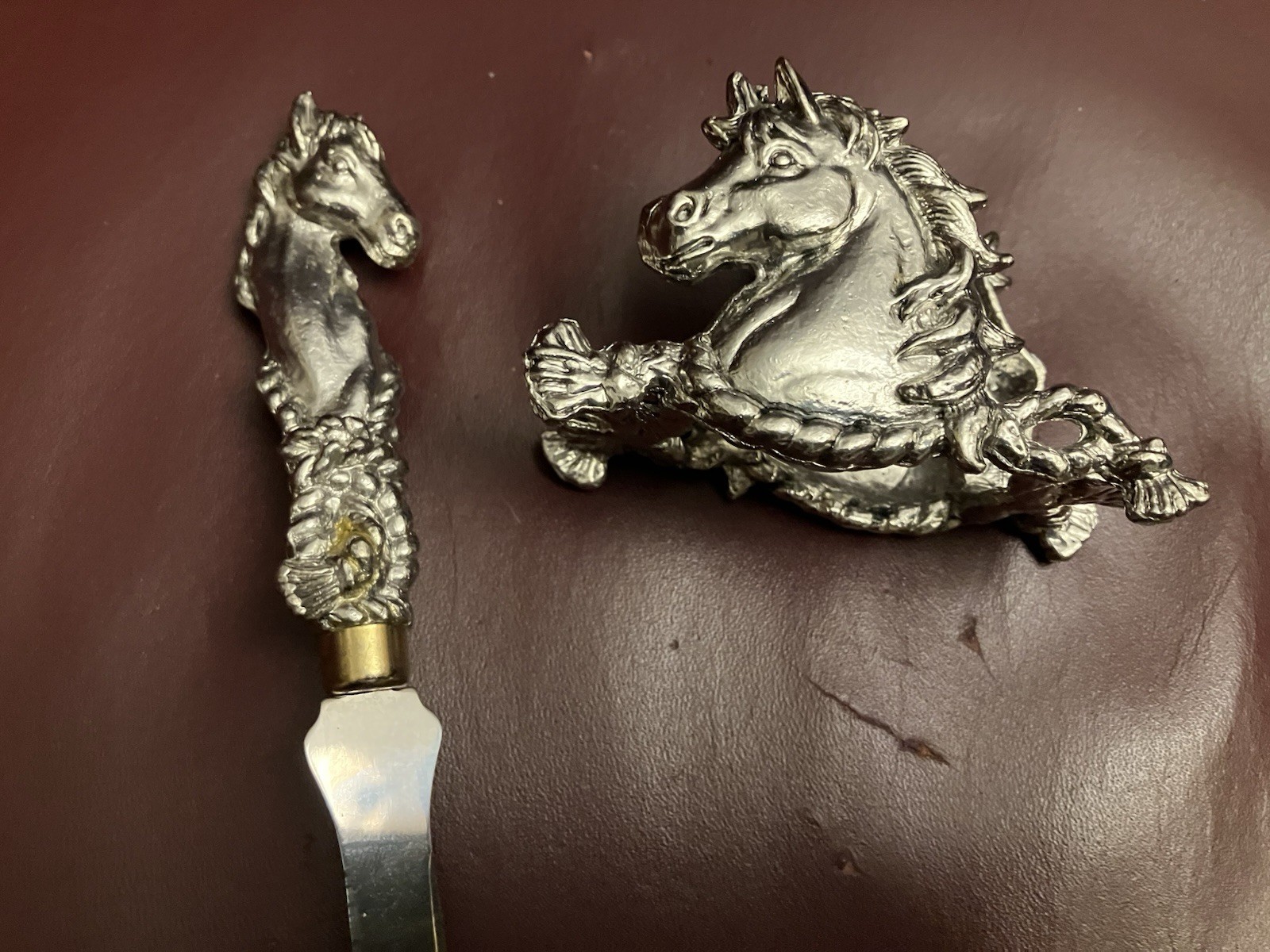 Arthur Court Desk Set Equestrian Horses Heads Letter Opener & Bus. Card Holder