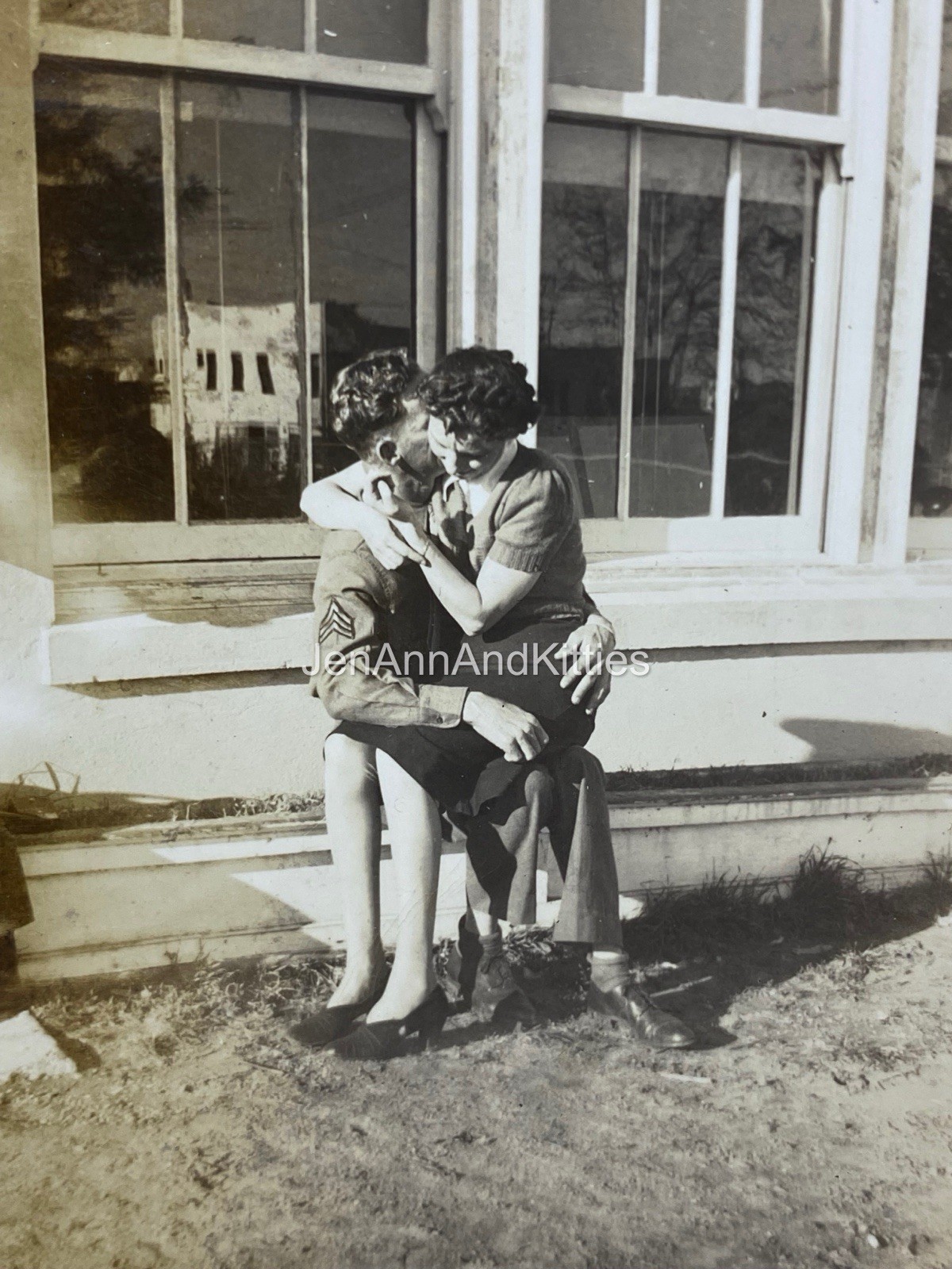 Vintage Photograph Sergeant Kissing His Love. Couple Snapshot. IDed ￼(B)