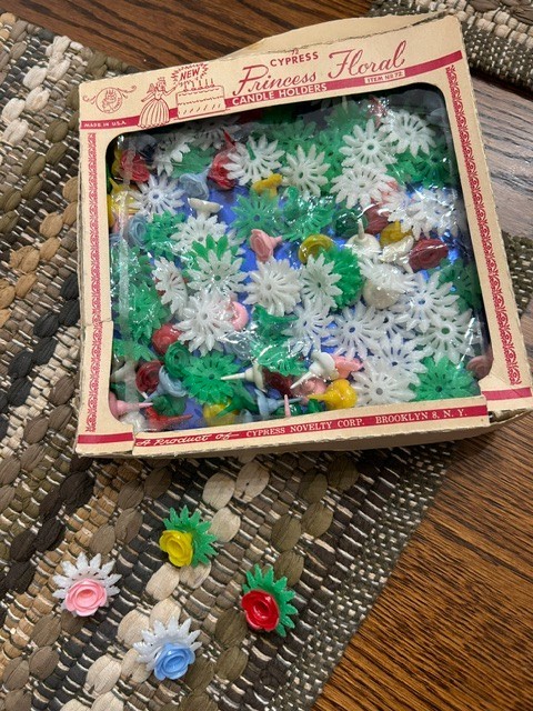 Vintage Antique Cypress Princess Floral Plastic Birthday Candle Holders in Box