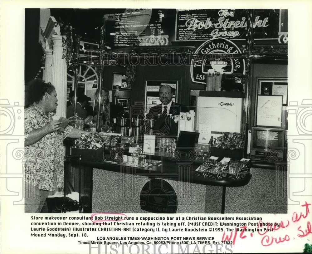 1995 Press Photo Bob Streight runs cappuccino bar at Christian Booksellers event