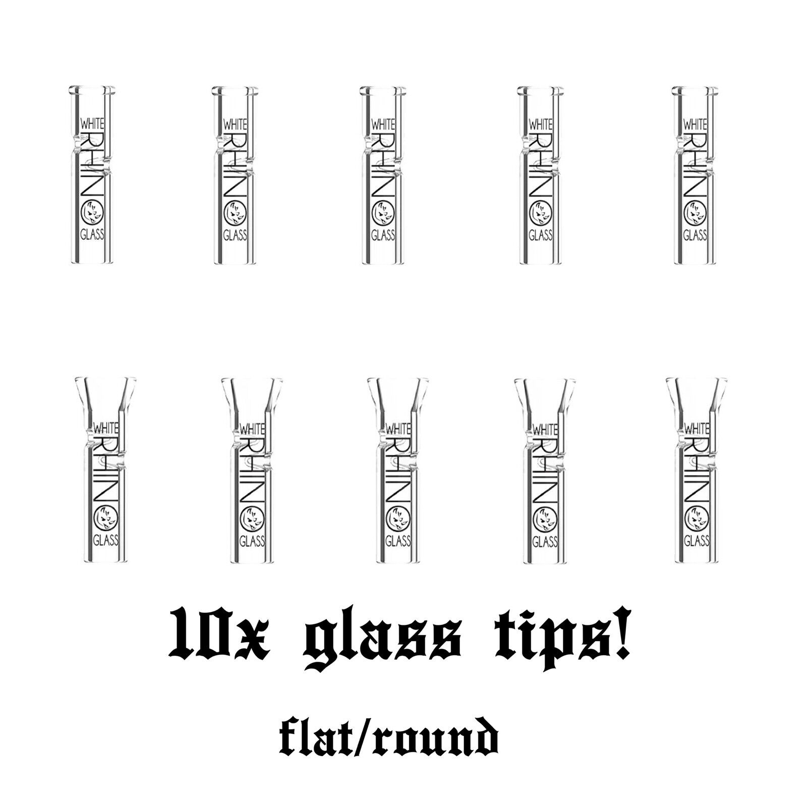 10x Tips White Rhino Smoking Flat / Round Glass Rolling Tips 