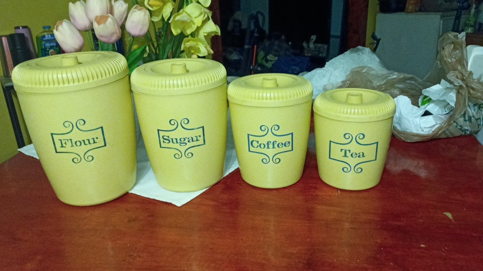 Vintage 1970s Yellow Plastic Canister Set Flour Sugar Coffee Tea 4pc Retro