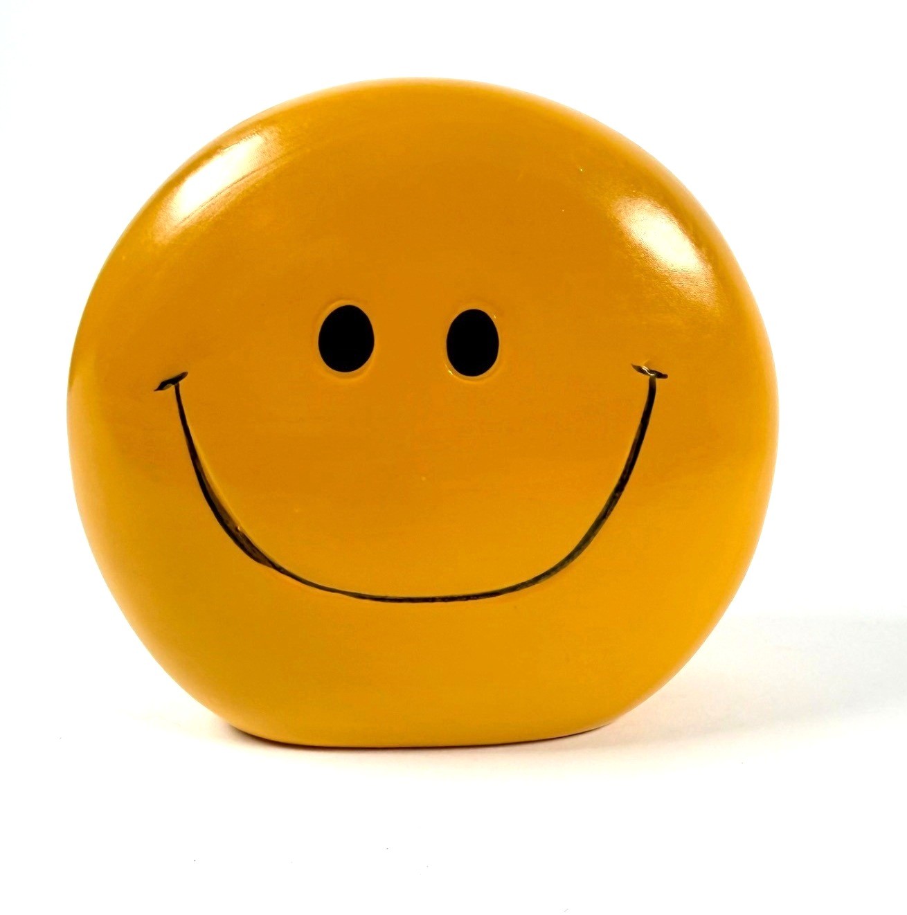Vintage Ceramic Retro Yellow Smiley Face Coin Bank 1990s Style w/ Plug Read