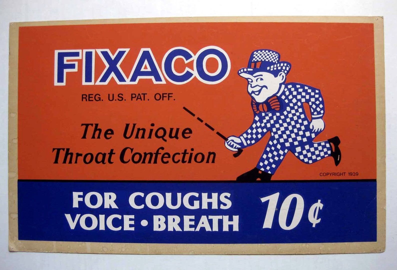 Authentic Vintage 1939 Fixaco Throat Confection Advertising Sign
