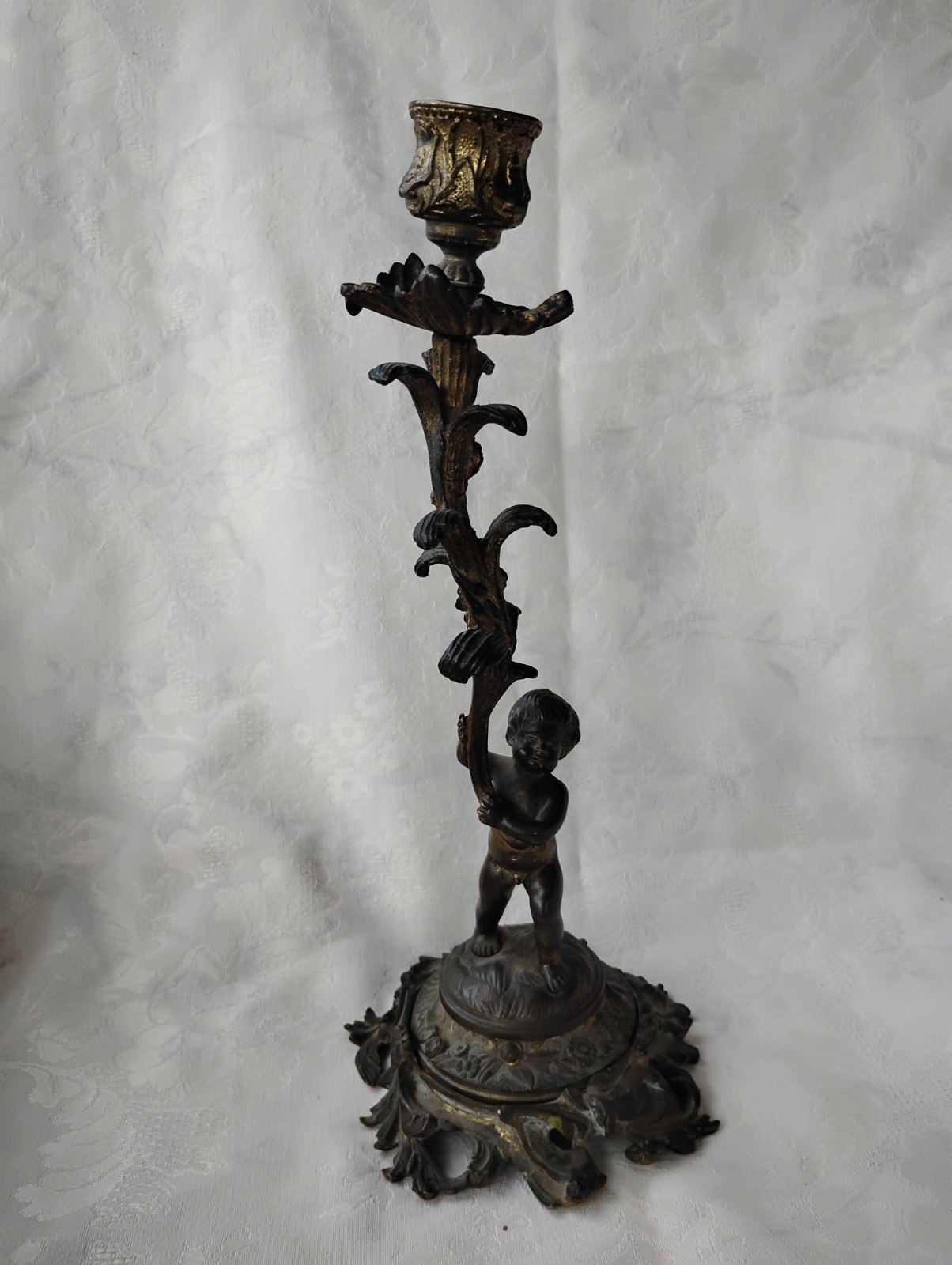 Antique French Gilt Bronze Cherub  Candlestick Holder Rococo 19th Century 
