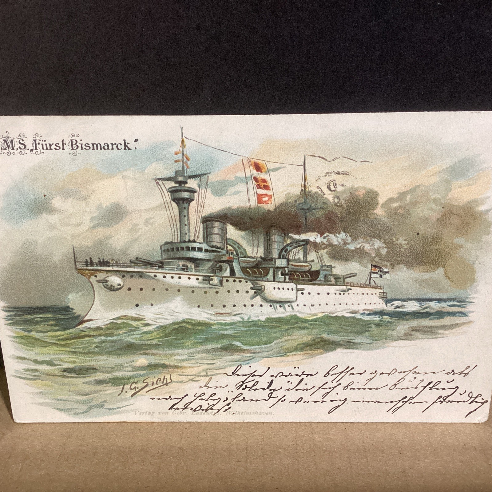 SMS Furst Bismark German Armored Cruiser c1899 Artist Signed Antique Postcard