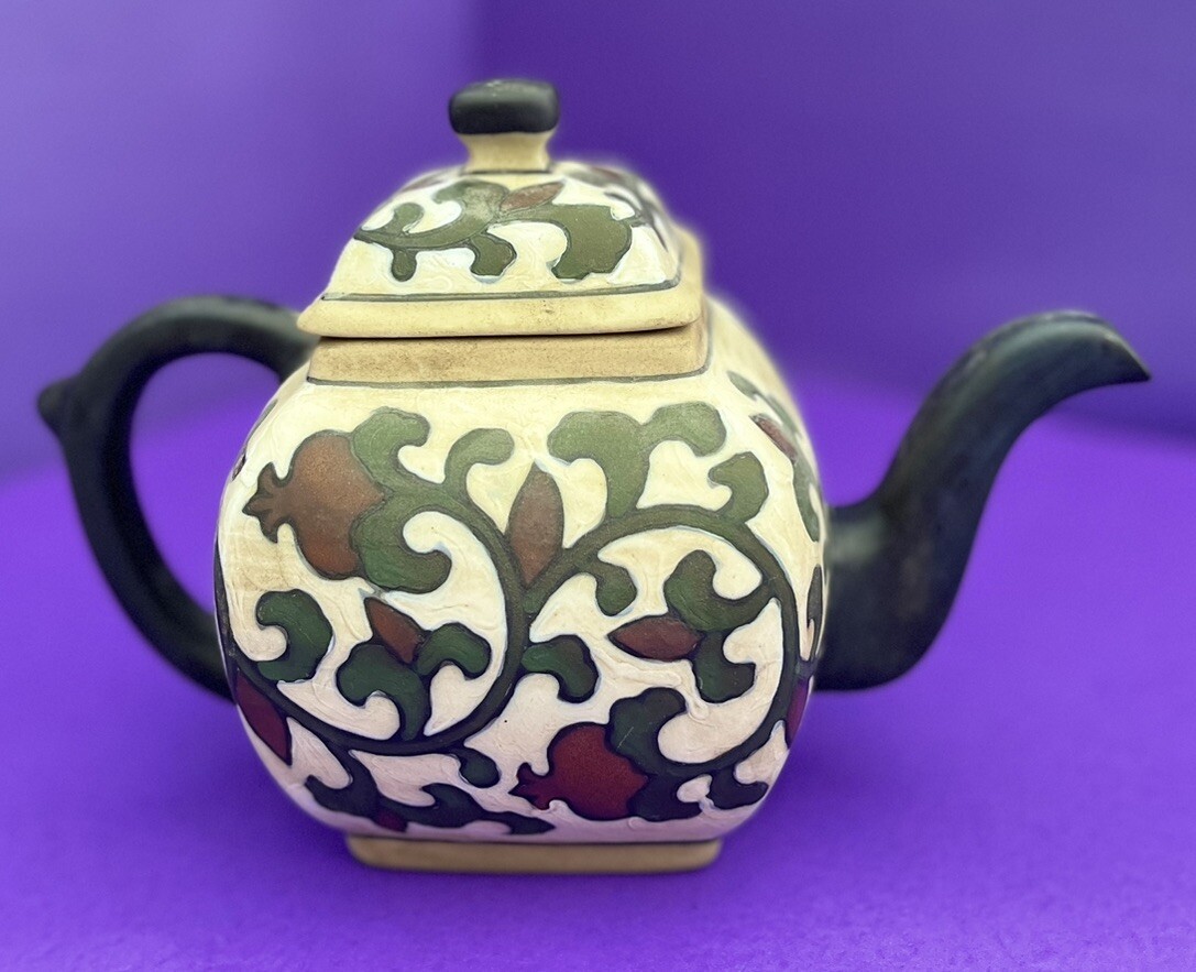 Vintage Art Pottery Teapot Raku Ceramic Green Burgundy  Vine Leaf Pattern SALE