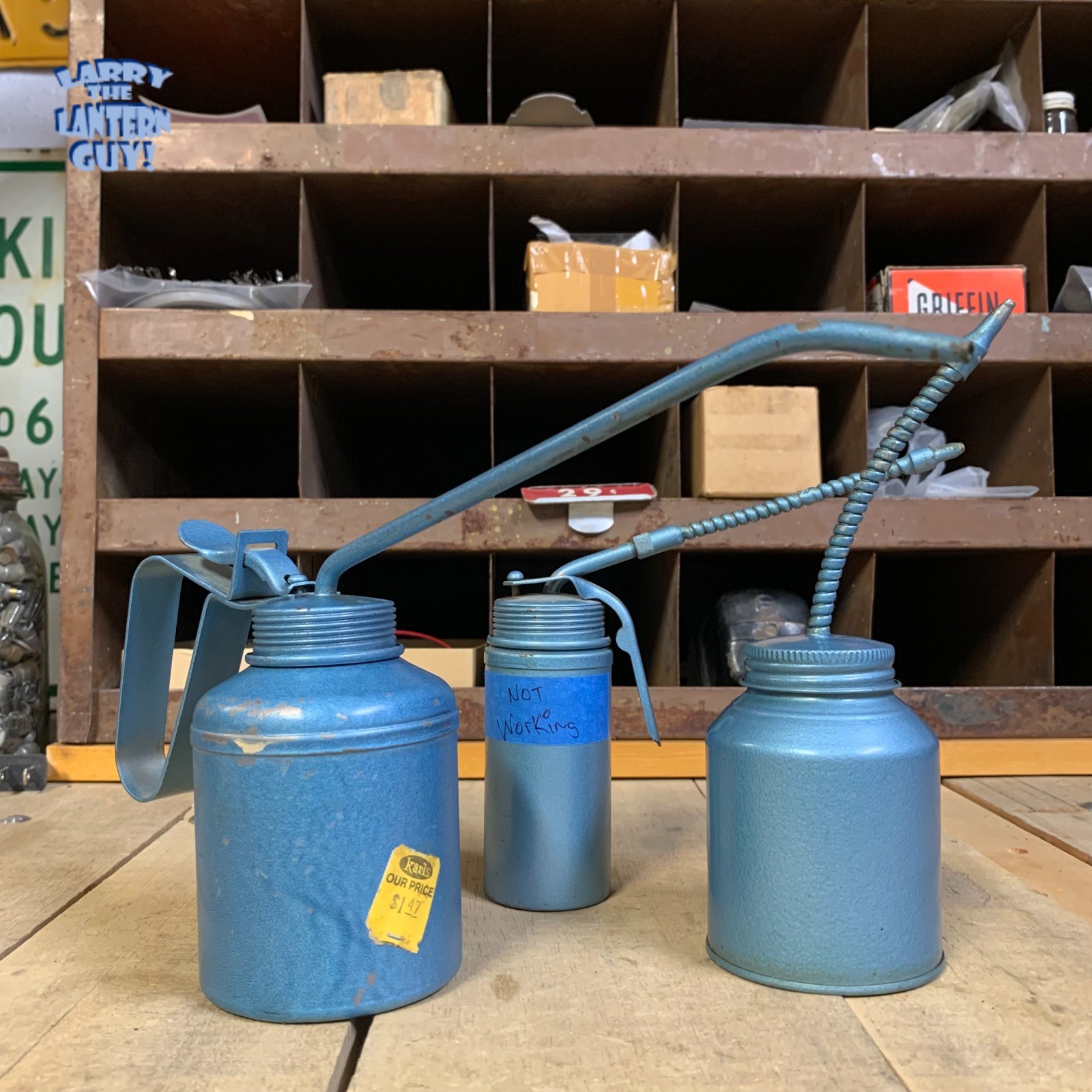 Vintage Oil Pump Cans Hand Oilers - lot of 3 - Pressol - 1 not working - USA