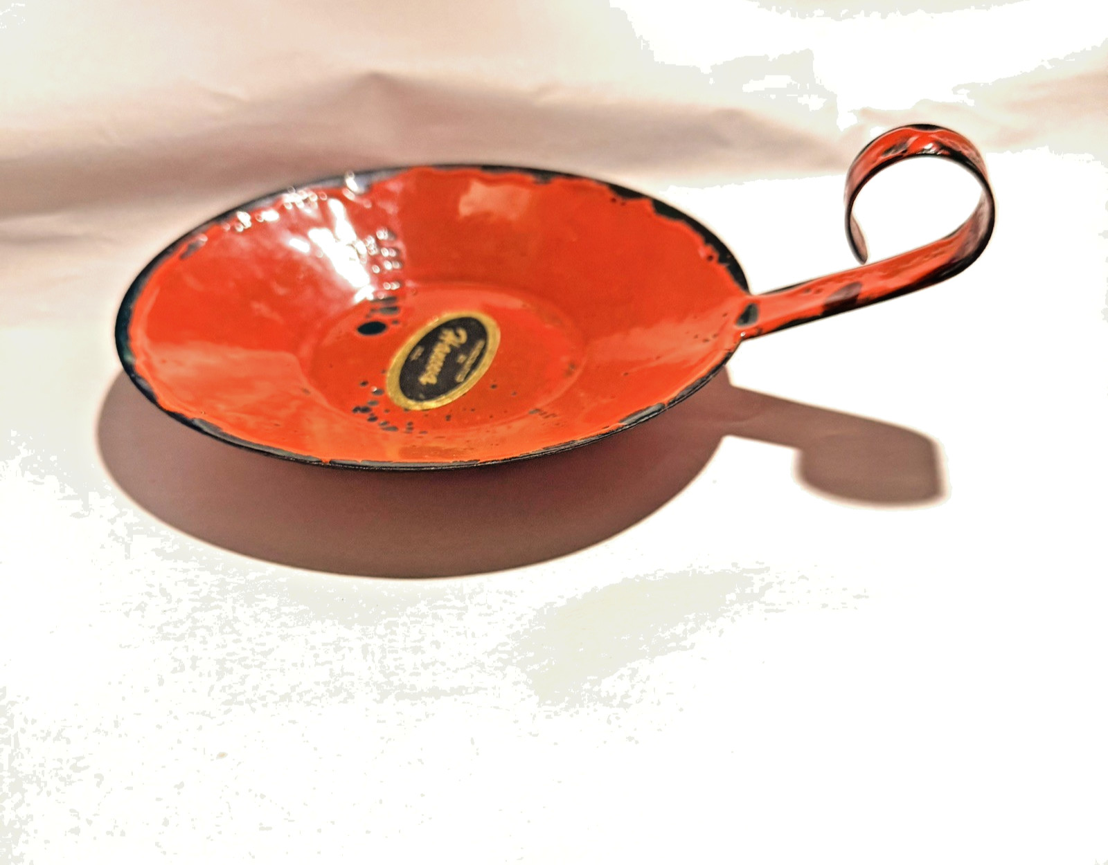 Vtg HANOVA Modern Brutalist MCM Candle Holder Orange Enamel Over Steel 6