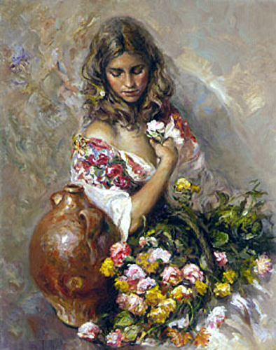 Beautiful Oil painting young girl seated with spring flowers and water pot