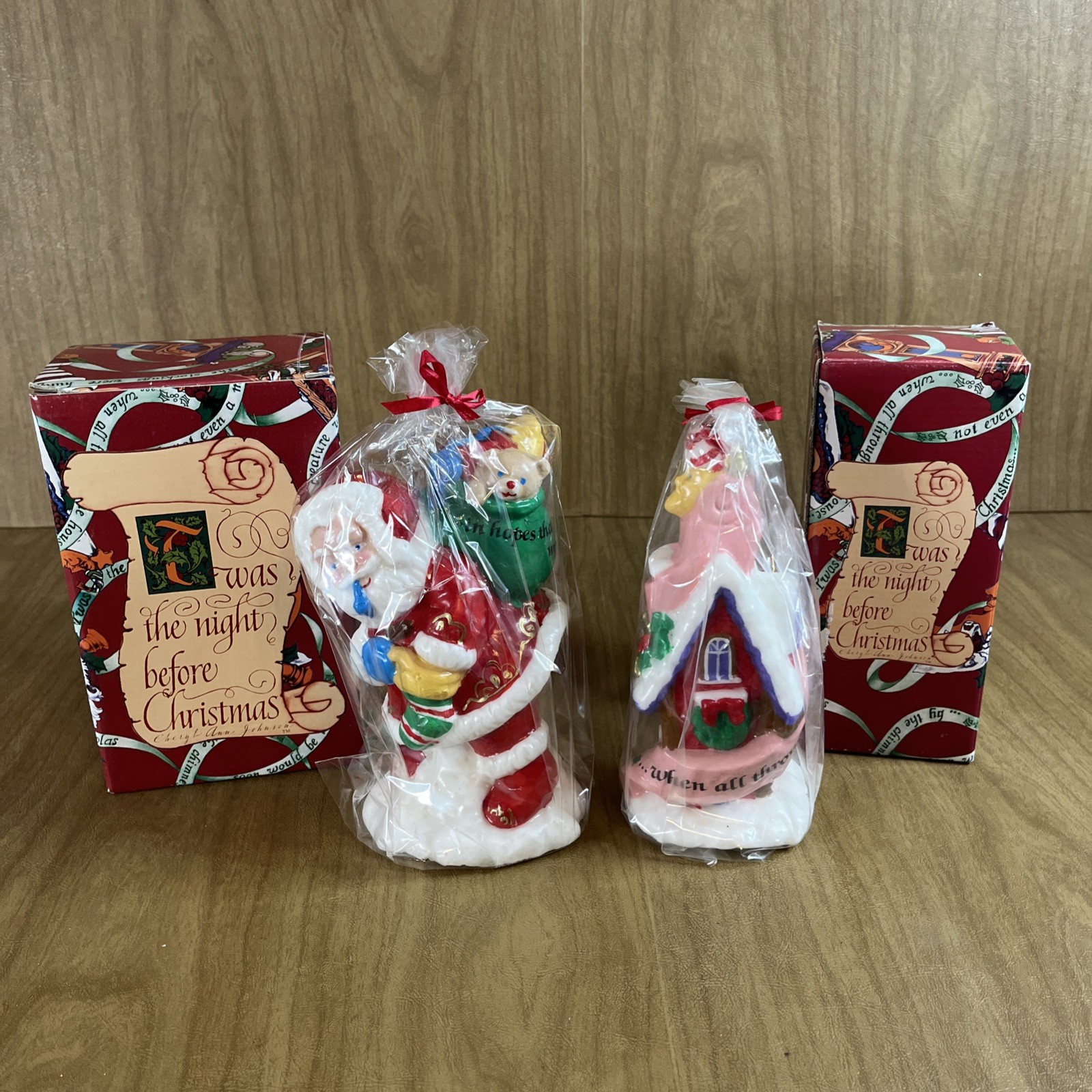 2 Vtg Papel Twas Night Before Christmas Musical Candles Santa Claus House NOS
