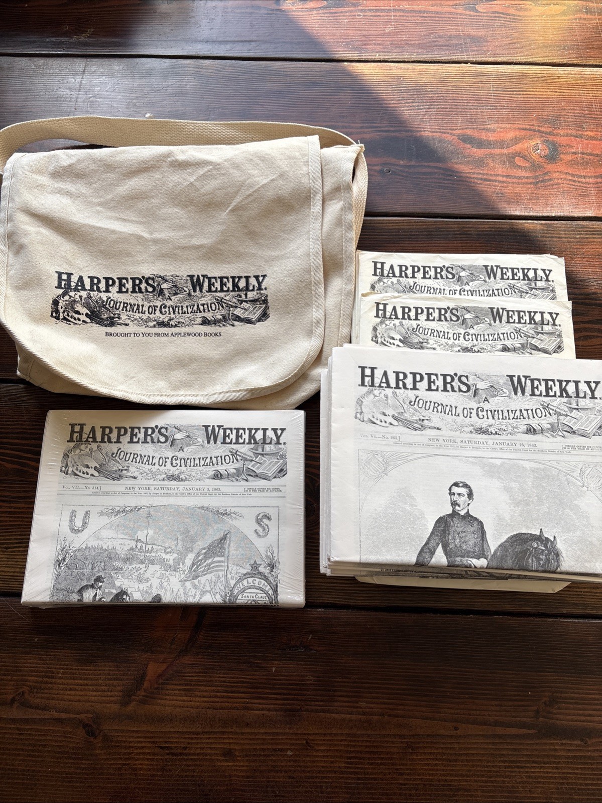 Vintage 60+ Count Harpers Weekly News Papers & Canvas Bag Reissues