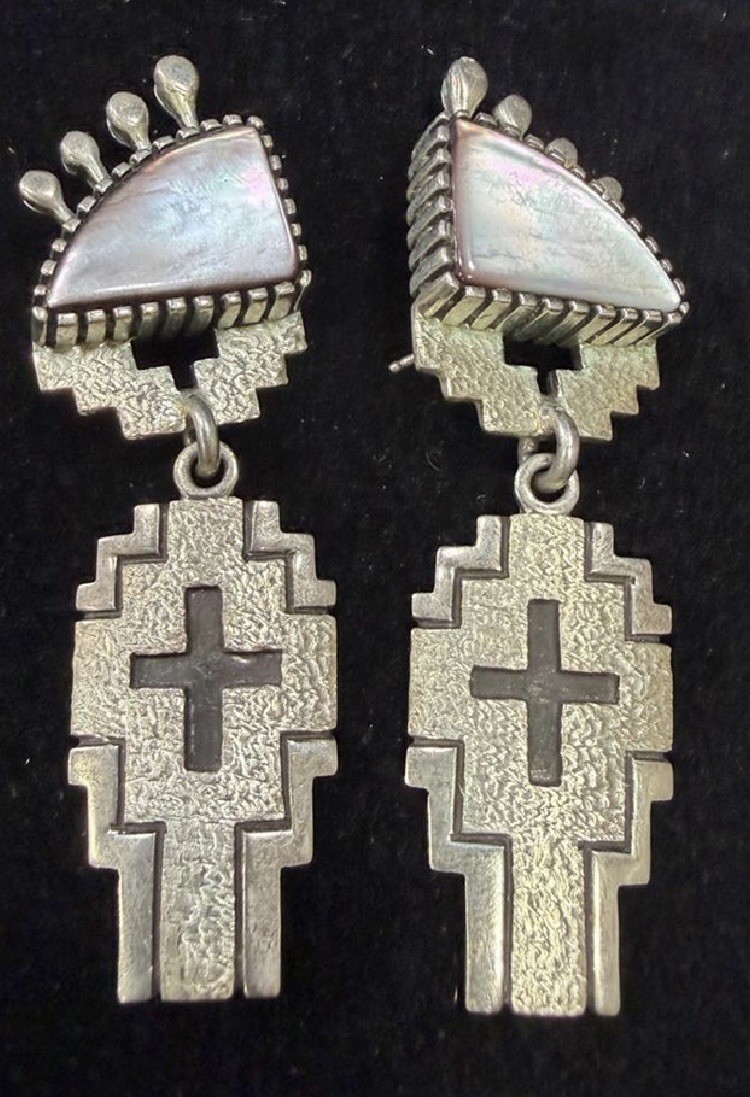 Navajo TONEY MITCHELL Sterling Silver INLAY SHELL EARRINGS with Cross 33.87g