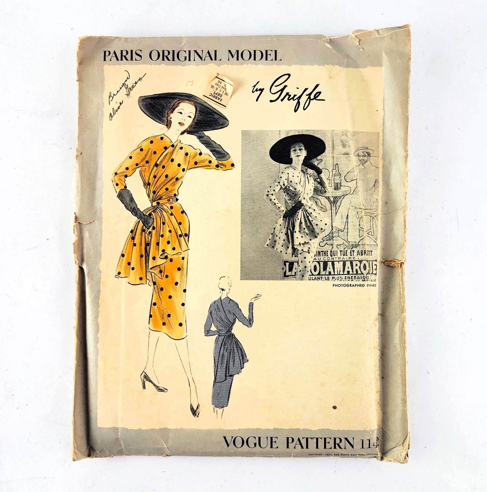 1951 Vogue Paris Original Model Griffe Uncut Dress Pattern 1142 1950s Vtg Sz 14