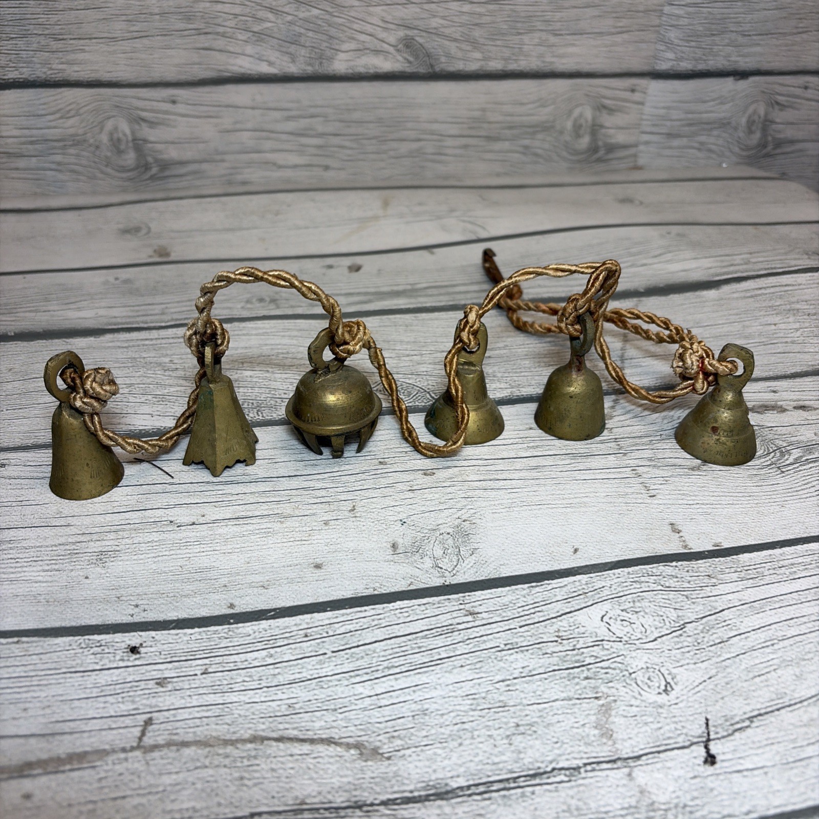 Set of 6 Vintage Sarna Style Indian Brass Bells on Rope Hand Etched Boho Decor