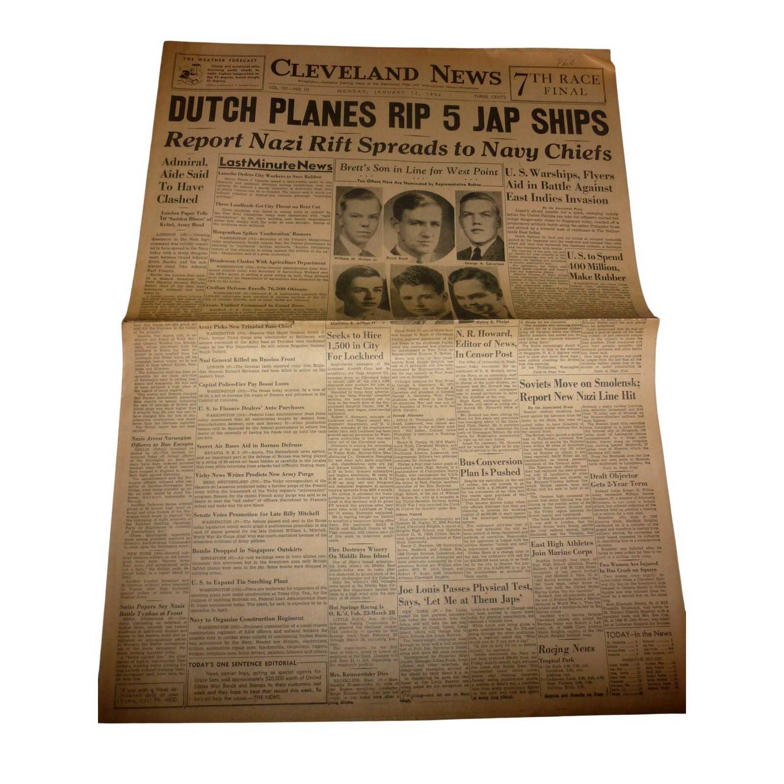 Vintage Jan 12 1942 Cleveland News Newspaper WWII Dutch Air Victory Joe Louis