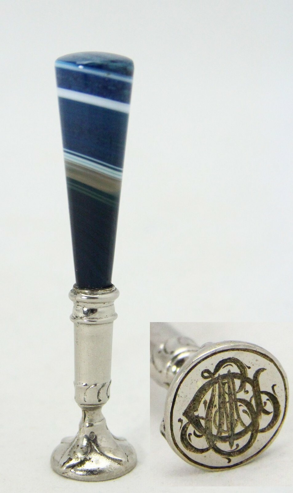 antique Wax Seal stamp, blue banded agate, initials D.J.M, J.M.D  M.J.D, M.D.J