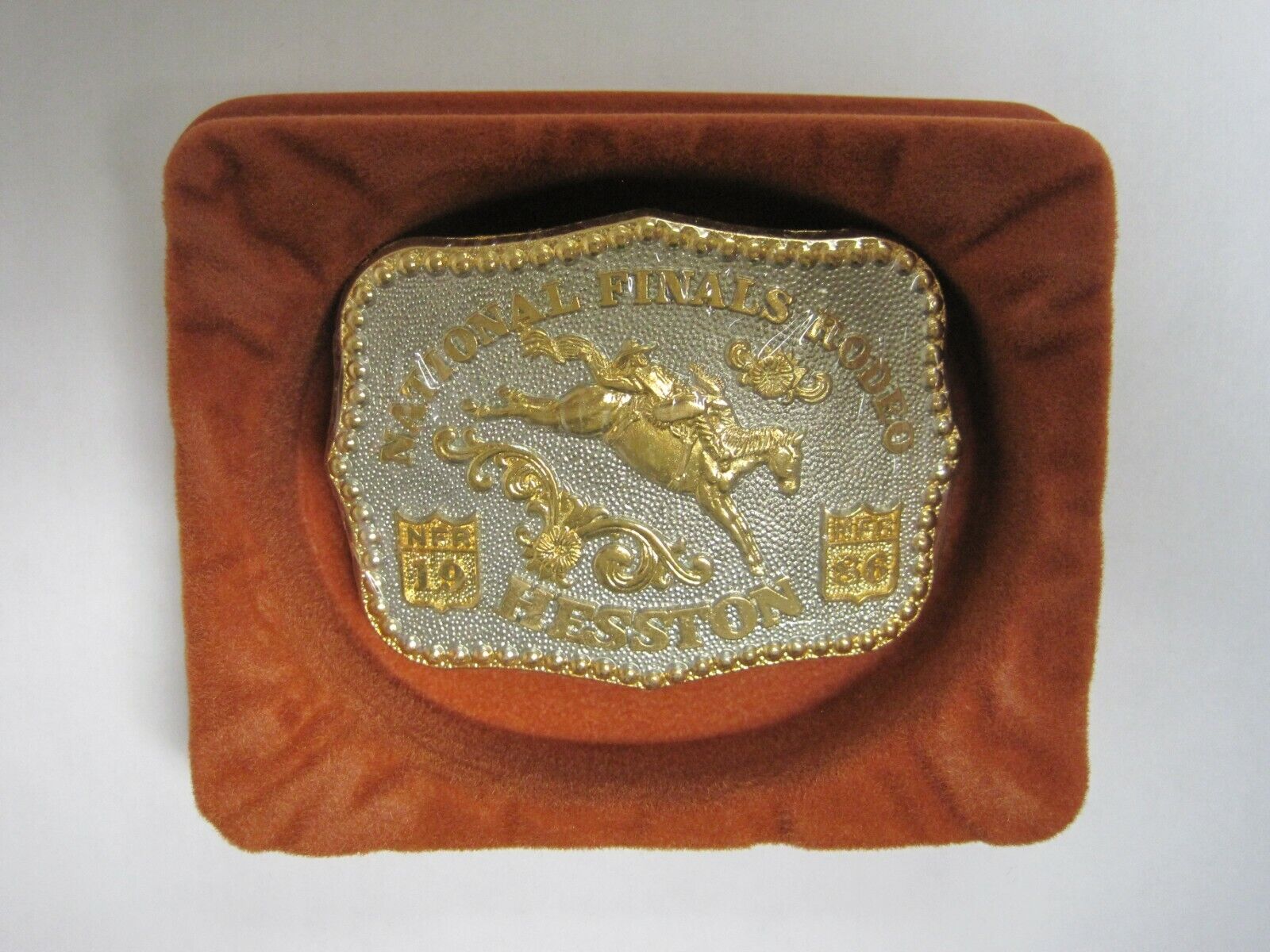 24KT GOLD PLATE Hesston Gold & Silver 1986 NFR Miniature Rodeo Buckle, orig box