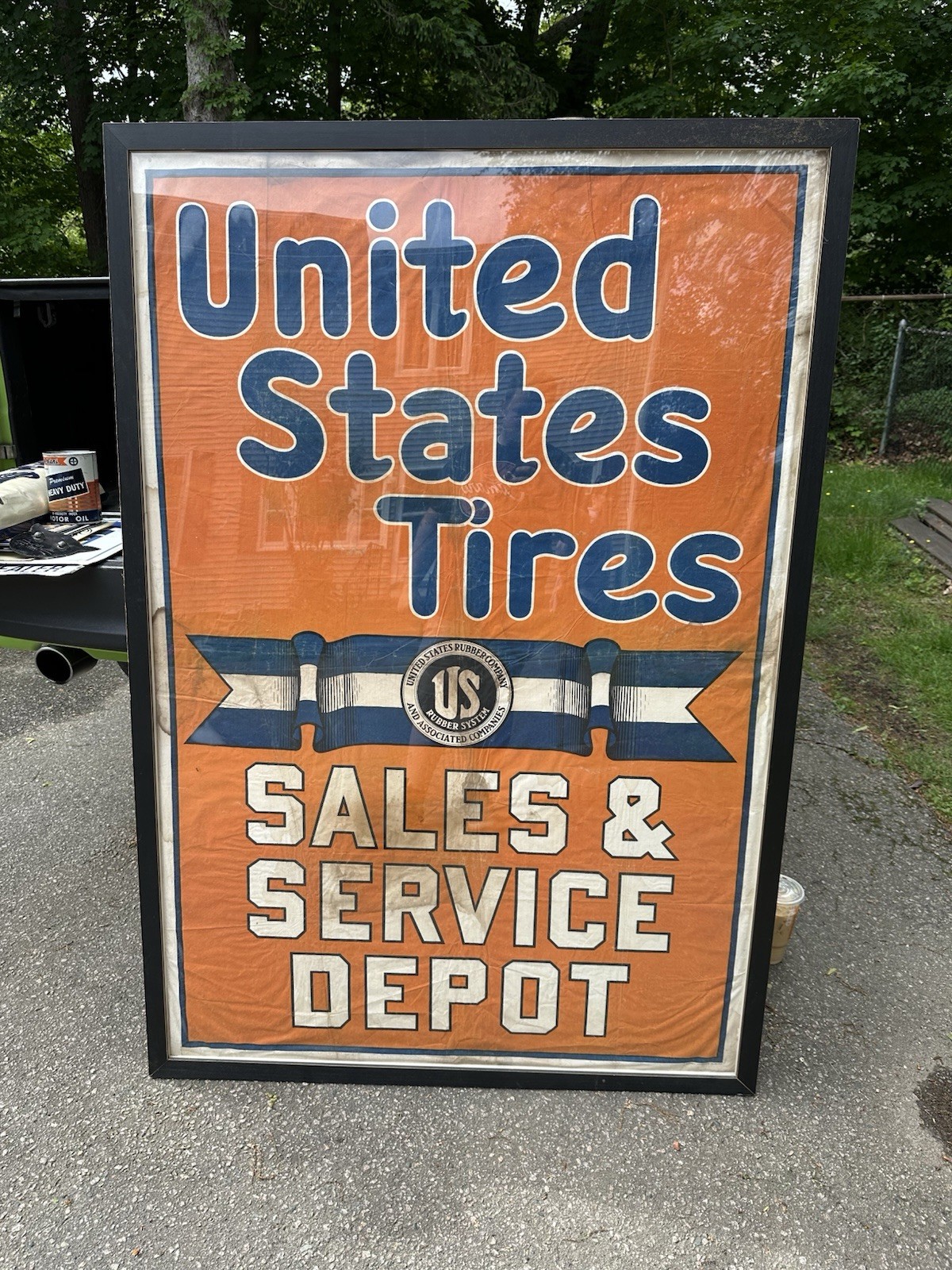 VINTAGE  1920- 30’s U.S. Tires Service Sign Framed GAS STATION BANNER Cloth 5ft