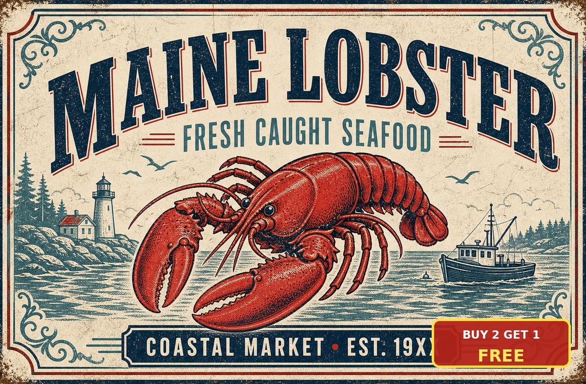 Maine Fresh Caught Seafood Sign Vintage Lobster Shack Diner Metal Tin Plaque Art