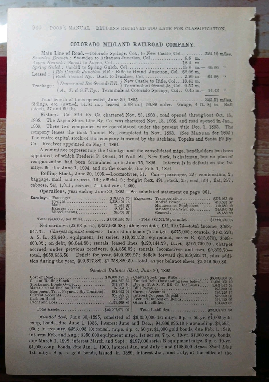 ~1896 Train Report COLORADO MIDLAND RAILROAD New Castle Aspen Snowden Cardiff CO