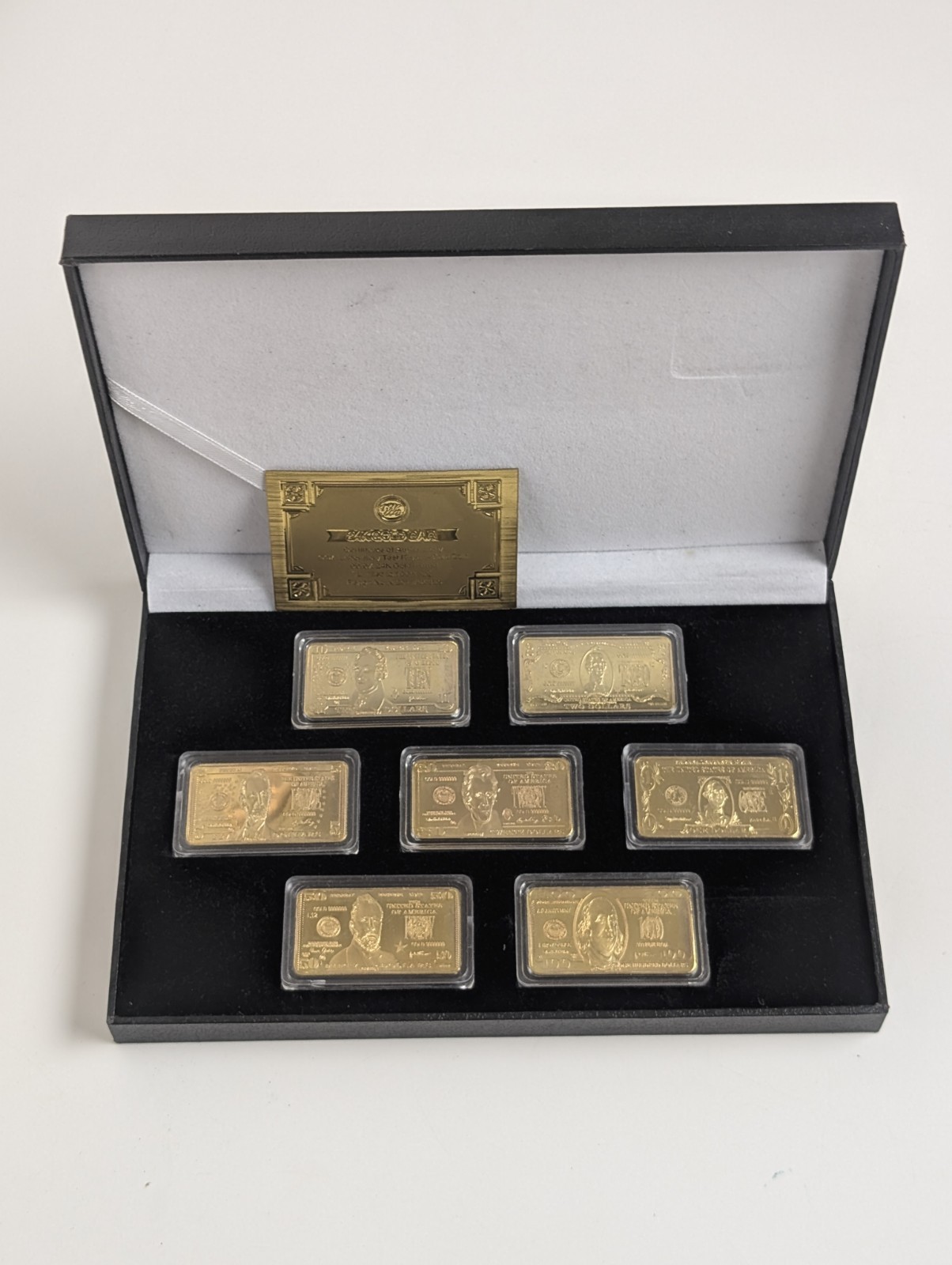 24K Gold Plated Banknote Bullion Collection 7 Bar Set Limited Edition Cased