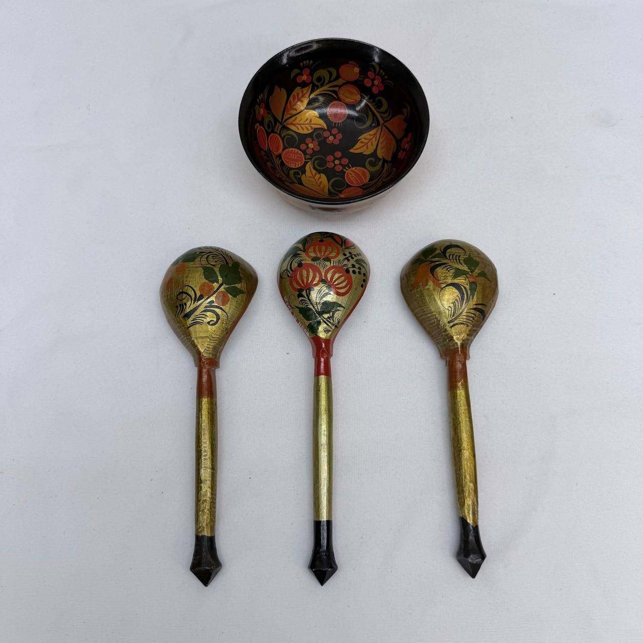 Vintage Russian Khokhloma Wood Bowl and 3 Spoons Set Made in USSR Hand Painted
