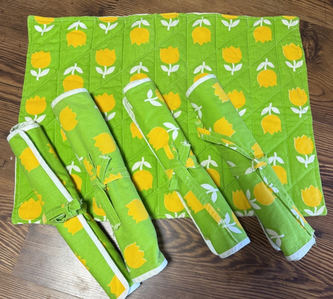 VTG Set Of 4 Placemats, Napkins(3), & Hot Pad Camping PicknickGreen Retro Rollup