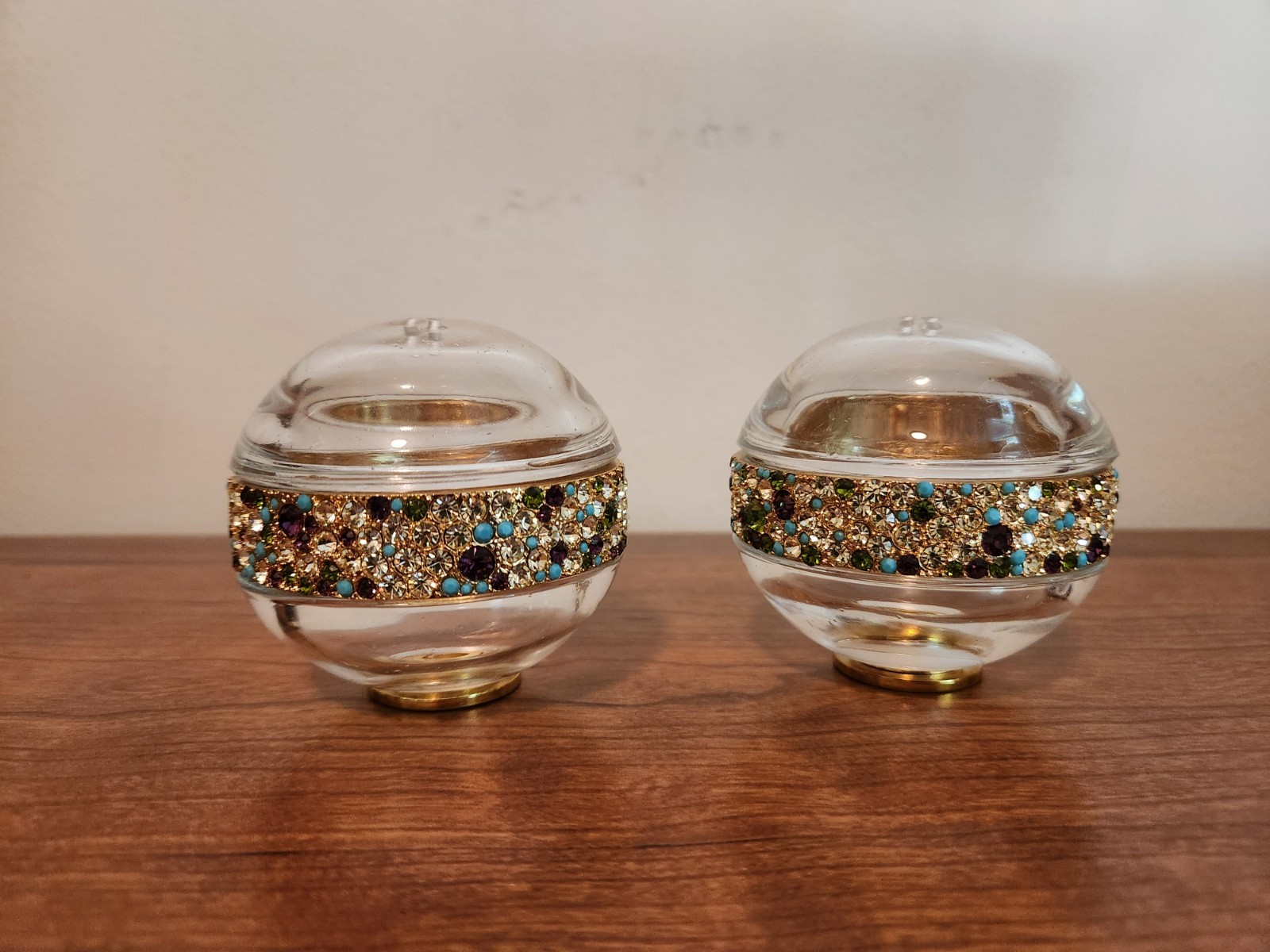 L\'OBJET Vintage Salt & Pepper Glass Orb Shakers SWAROVSKI Crystals MCM REPAIRED 