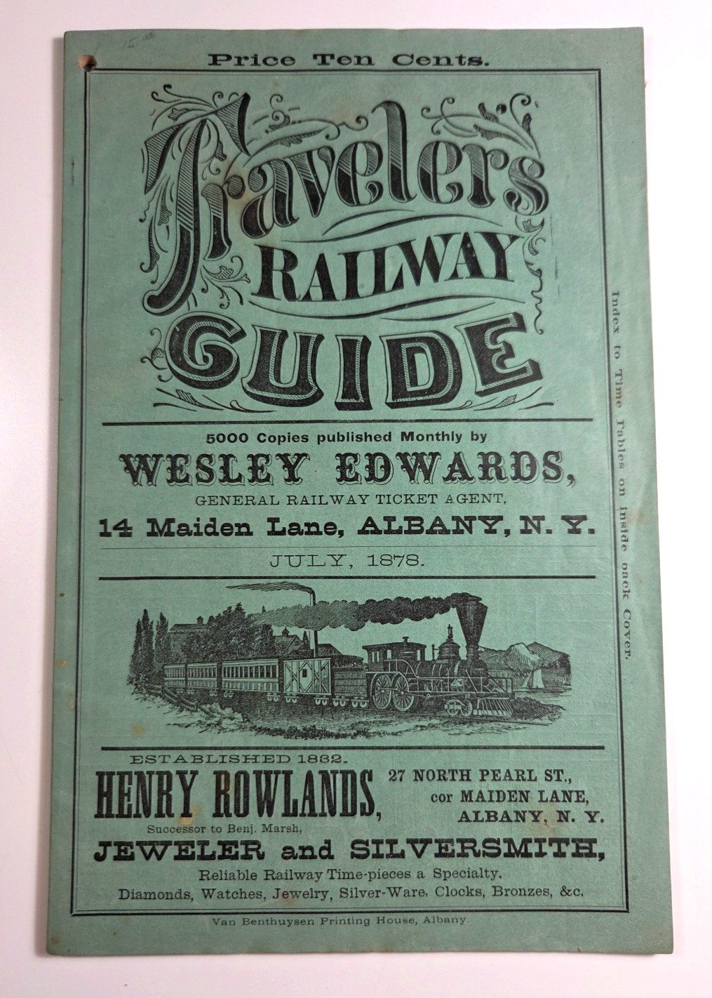 1878 Travelers Railway Guide Albany New York RR timetables Chicago Burlington RR